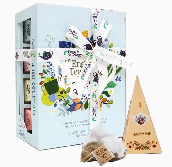 Regalo de té de bienestar orgánico con 12 bolsas piramidales